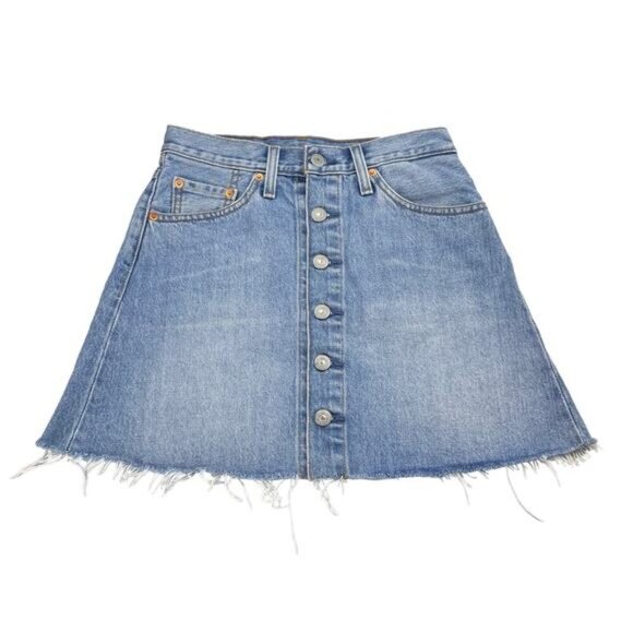 LEVI'S Premium Button Front Denim Mini Skirt Sz 24 Frayed Cut Off Hem - Picture 2 of 7